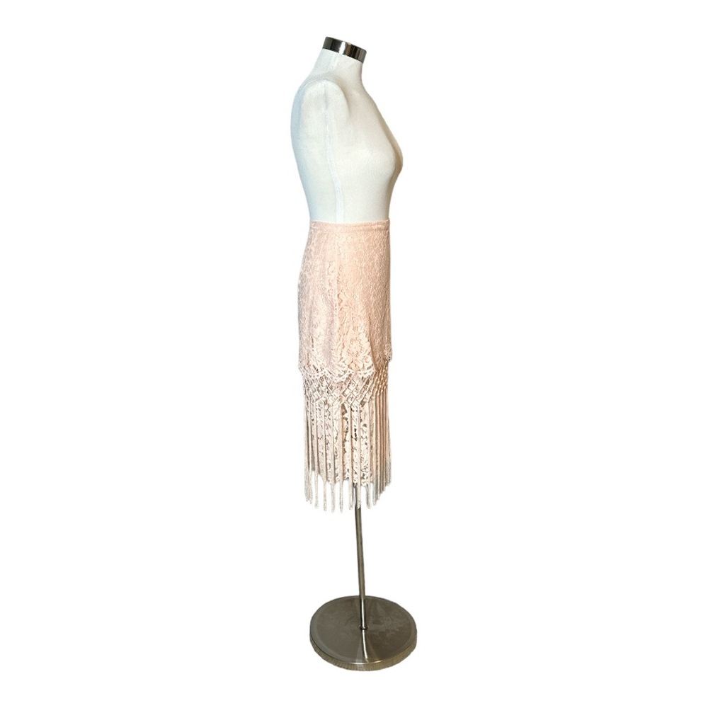 TOPSHOP LACE BLUSH PINK TIERED FRINGED MIDI PENCIL SKIRT - Picture 6 of 13